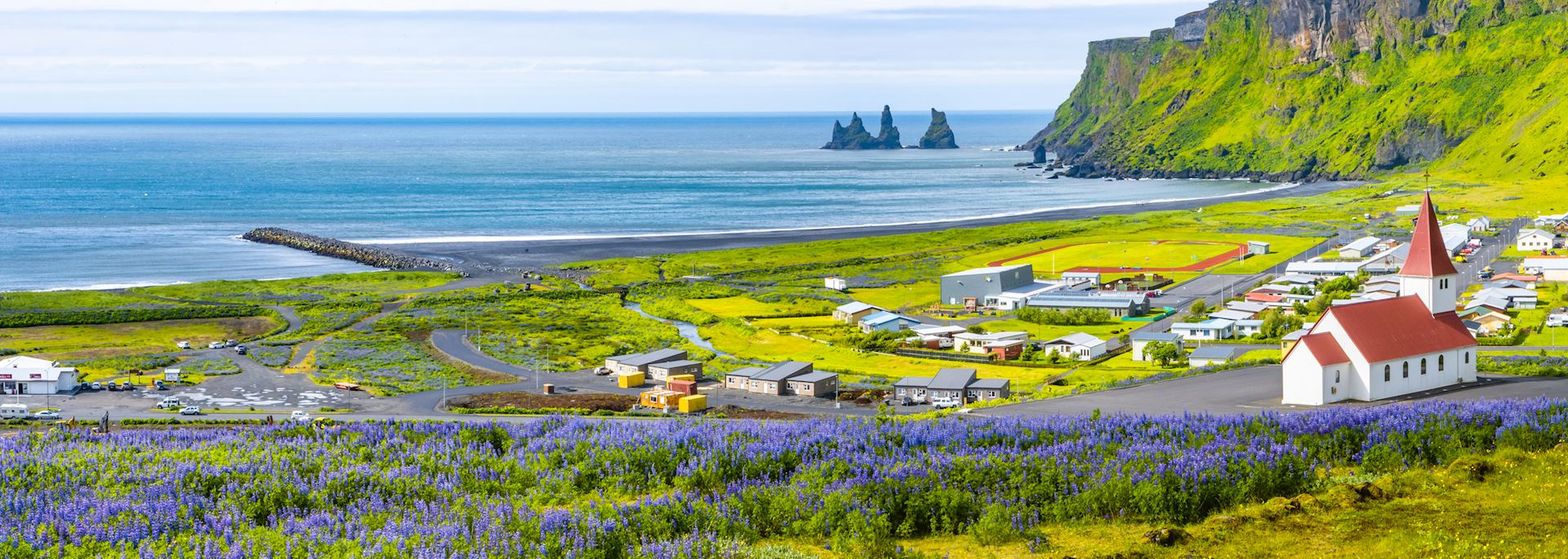 View of basalt stacks near the village of Vik